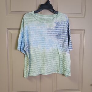 Aerie Womens Tshirt Size Medium Green Blue Tie Dye Striped Short Sleeve Cropped